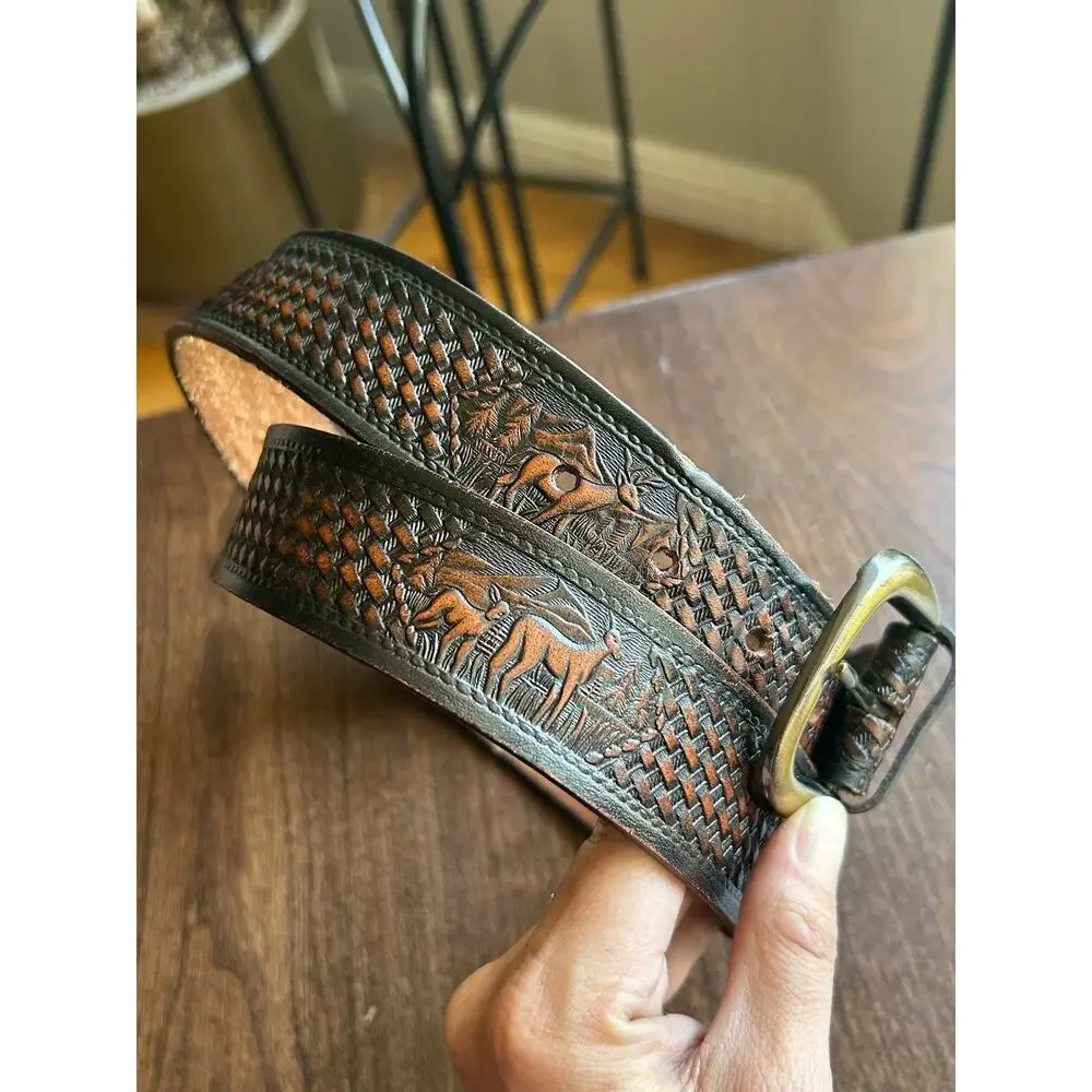 Vintage belt 42 hand tooled Western deer mountains brass buckle basket-weave